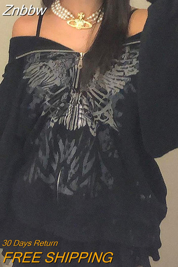 Znbbw Gothic Butterfly Print Oversize Zip Up Hoodies 2023 Winter New Grunge Long Sleeve Sweatshirt Casual Hooded Jacket Streetwear